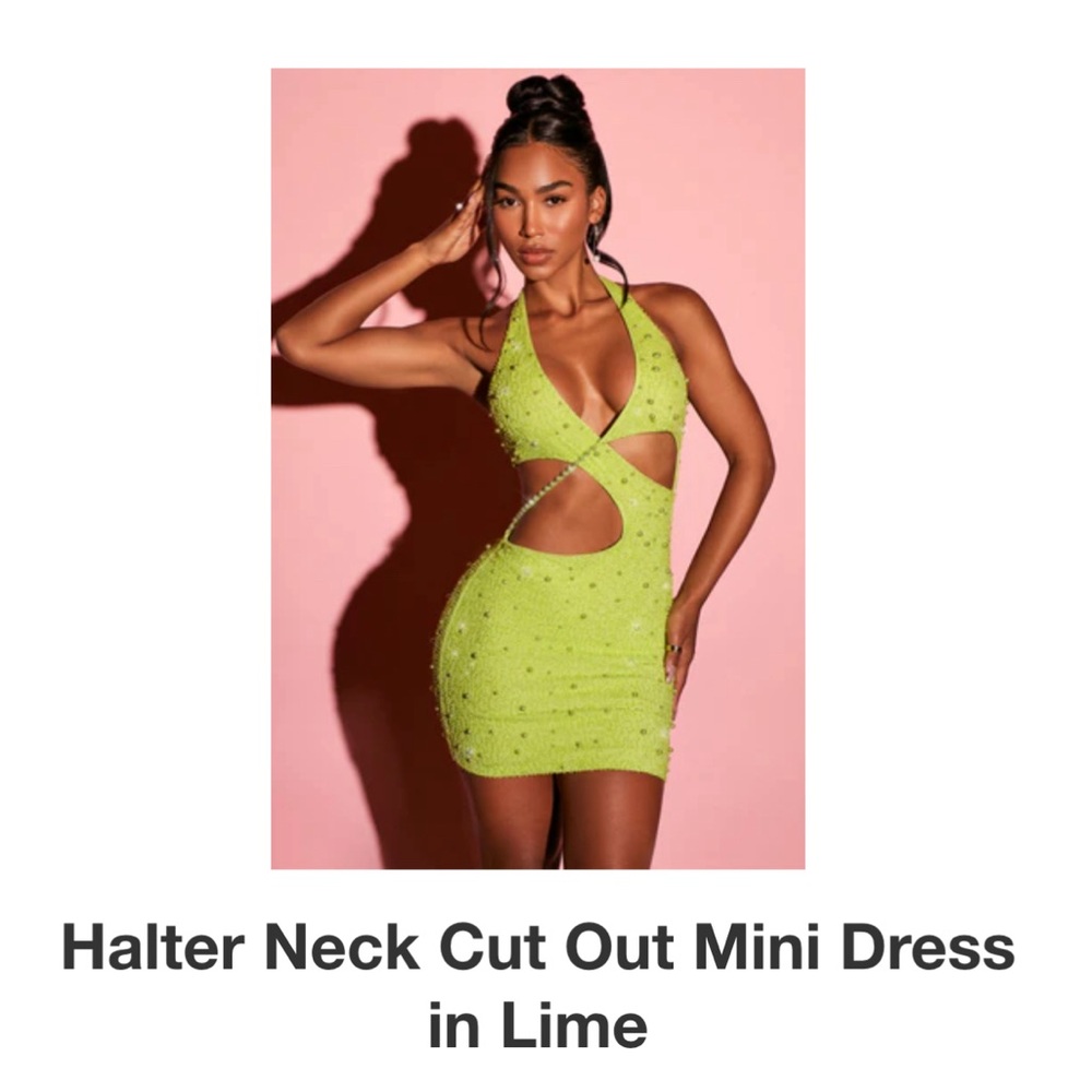 Oh Polly Lime Green Beaded Halter Neck Cut Out Mini Dress
